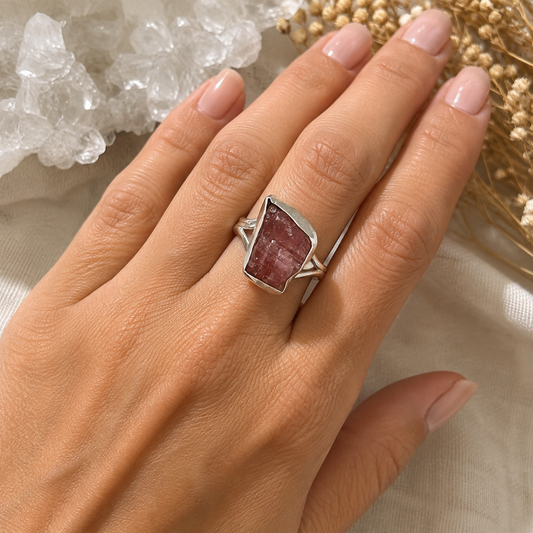 Raw Pink Tourmaline Sterling Silver Ring #498-Happily Zen
