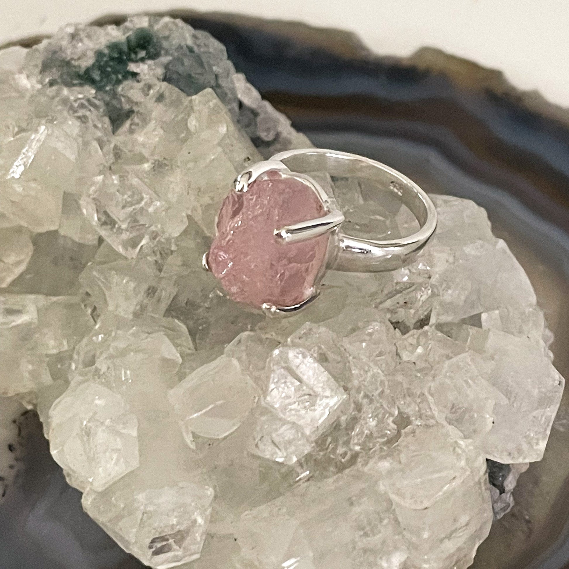 Raw Rose Quartz Sterling Silver Ring #499-Happily Zen