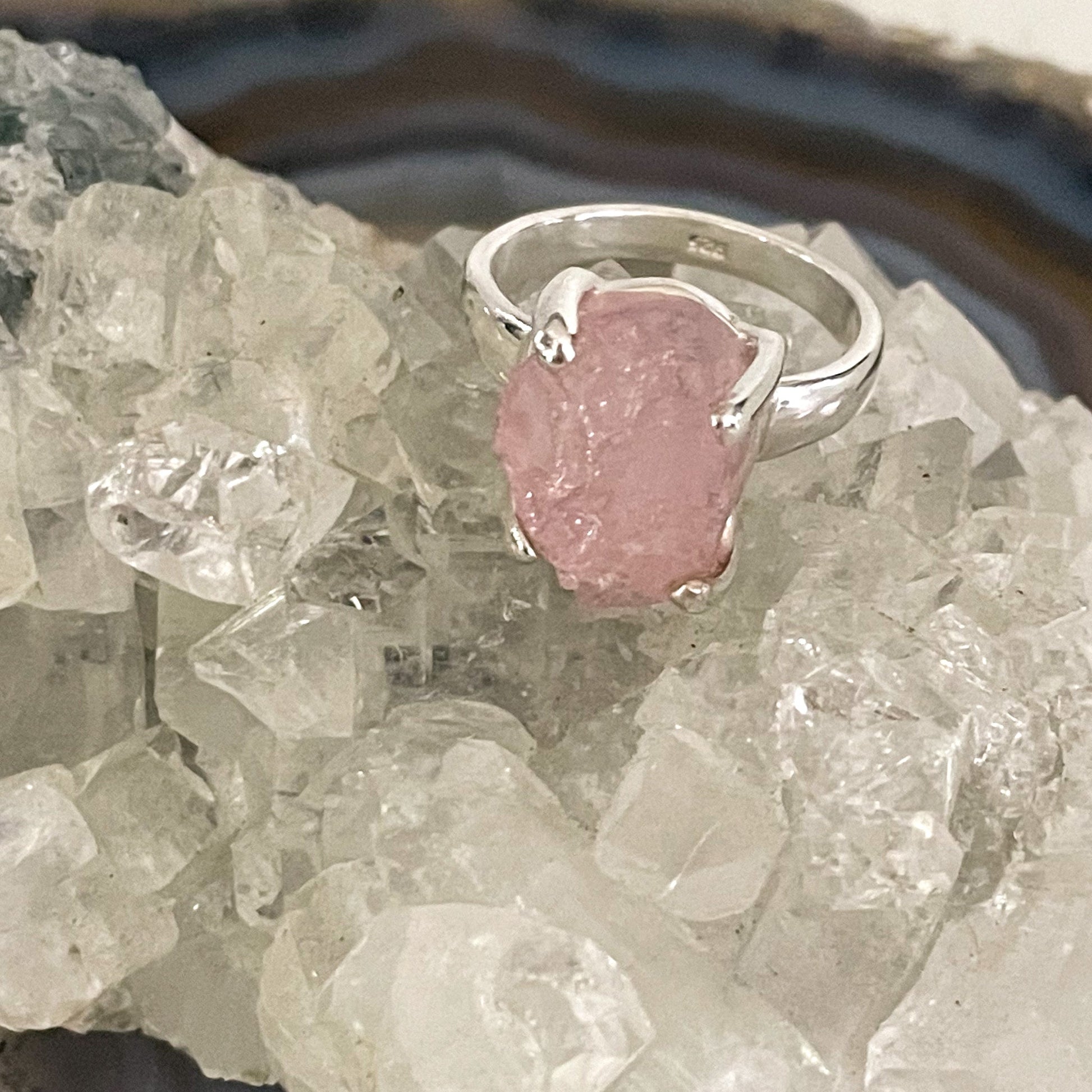 Raw Rose Quartz Sterling Silver Ring #499-Happily Zen