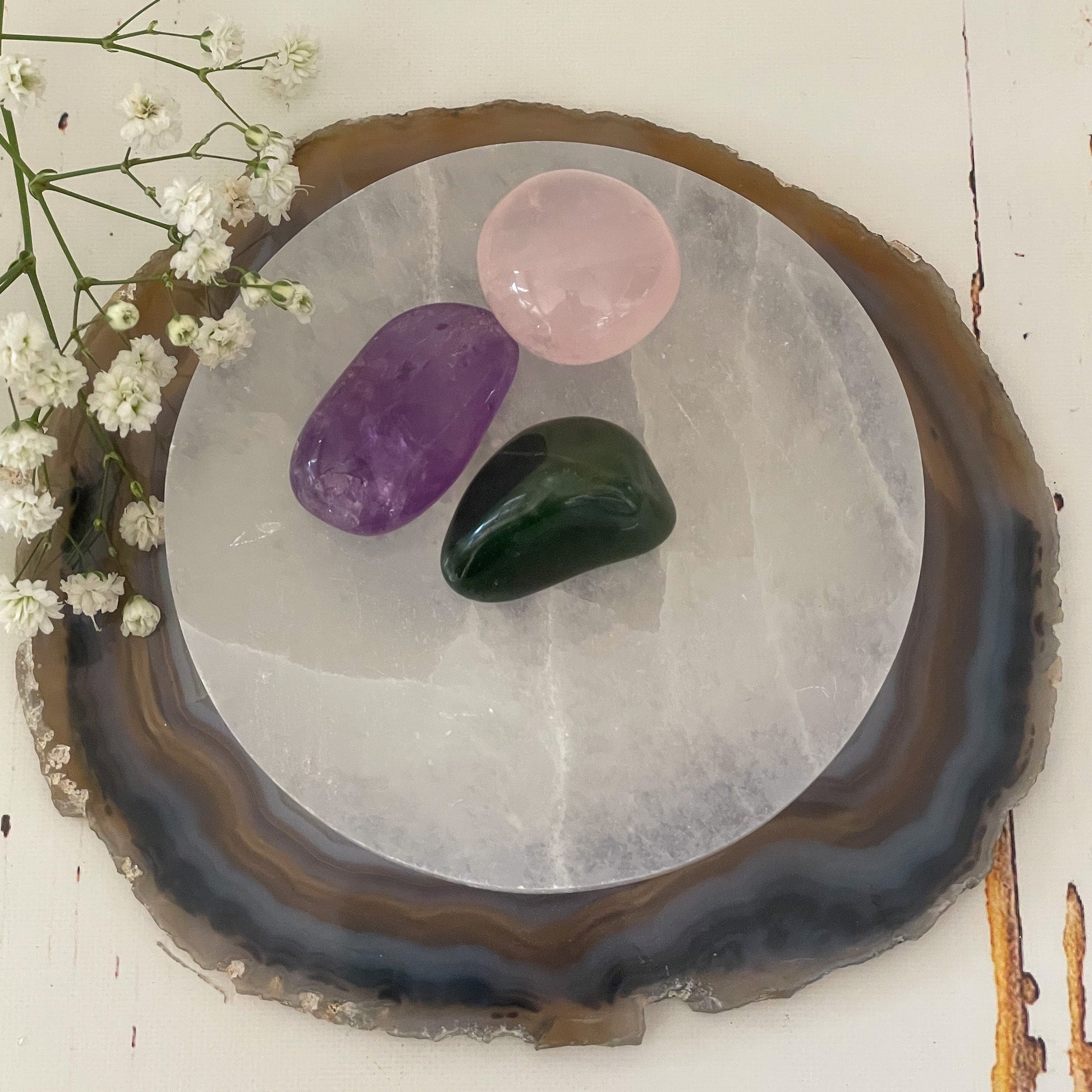 Round Selenite Plate-Happily Zen