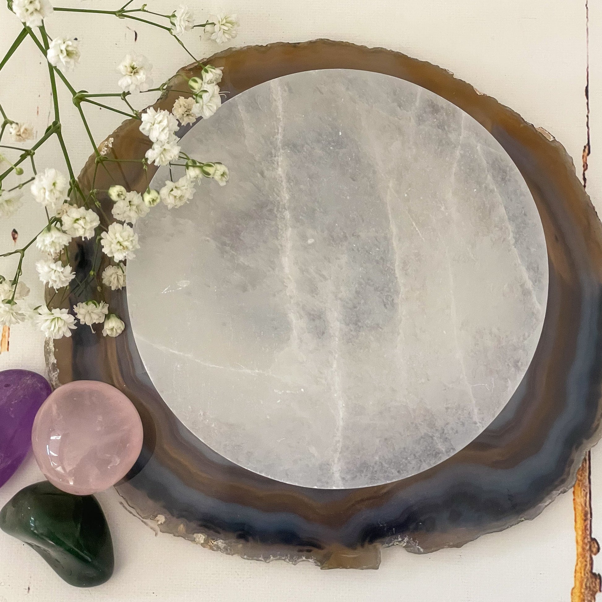 Round Selenite Plate-Happily Zen