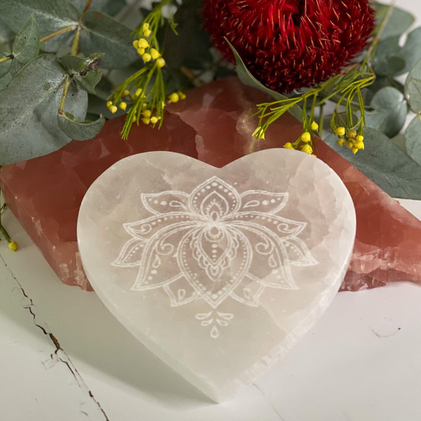 Selenite Heart Plate - Lotus Etched #304-Happily Zen