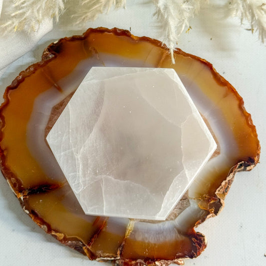 Selenite Hexagon Plate #1395-Happily Zen