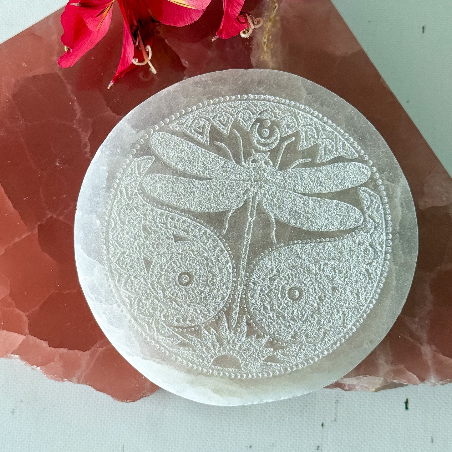 Selenite Round Dragon Fly Plate #1398-Happily Zen