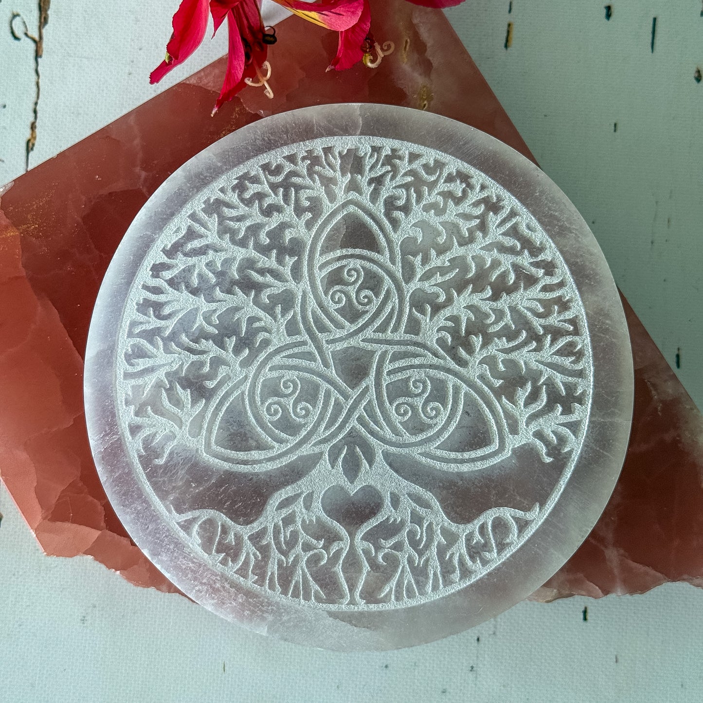 Selenite Round Tree of Life Plate #1397-Happily Zen