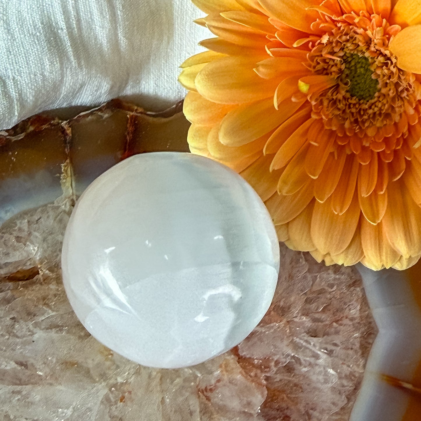 Selenite Sphere #1391-Happily Zen
