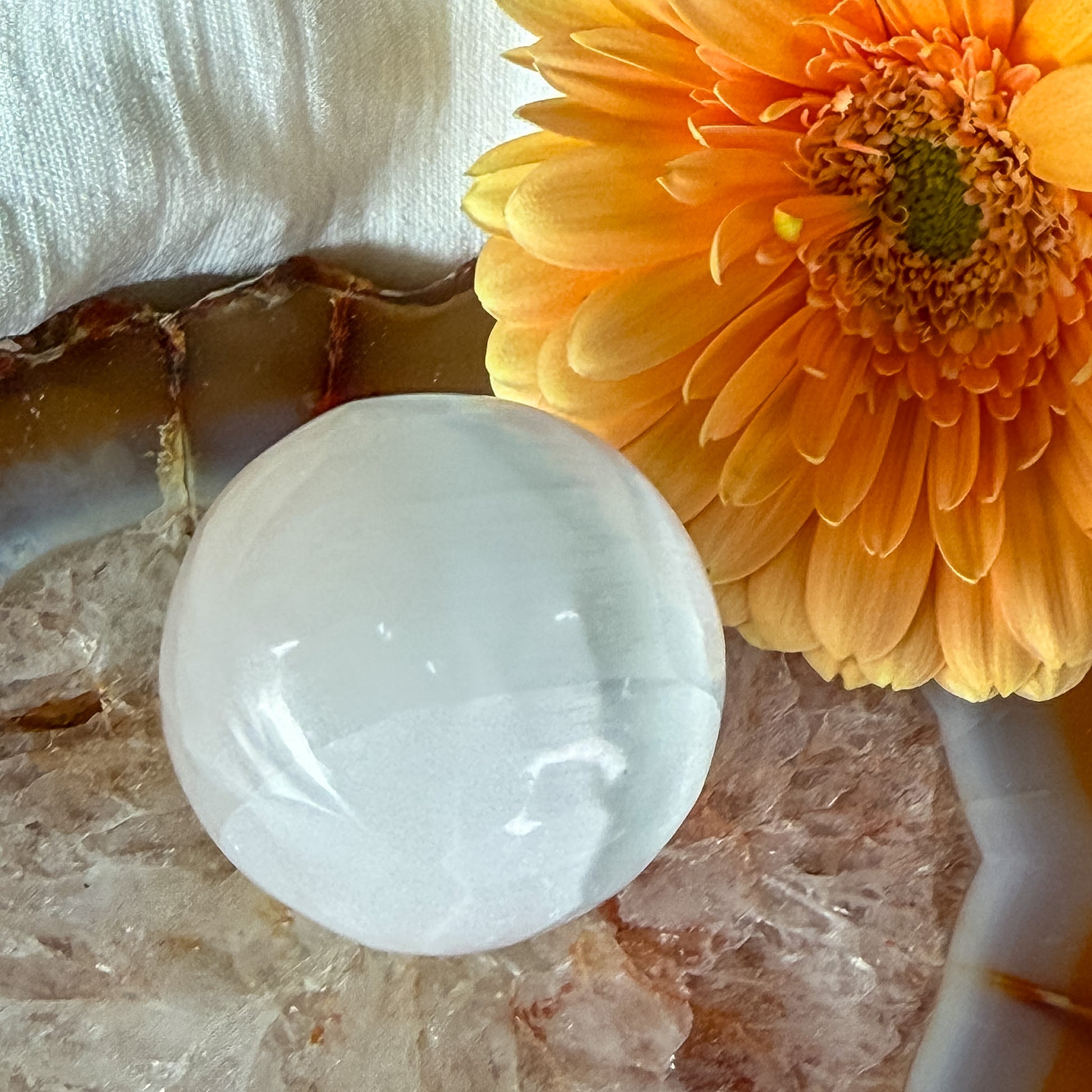 Selenite Sphere #1391-Happily Zen