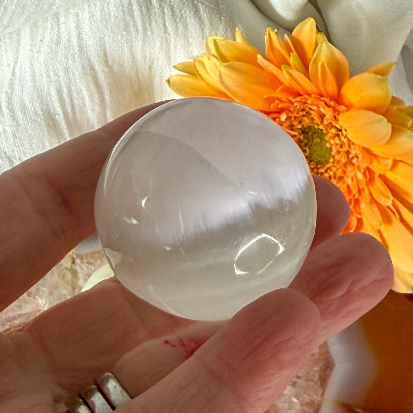 Selenite Sphere #1391-Happily Zen