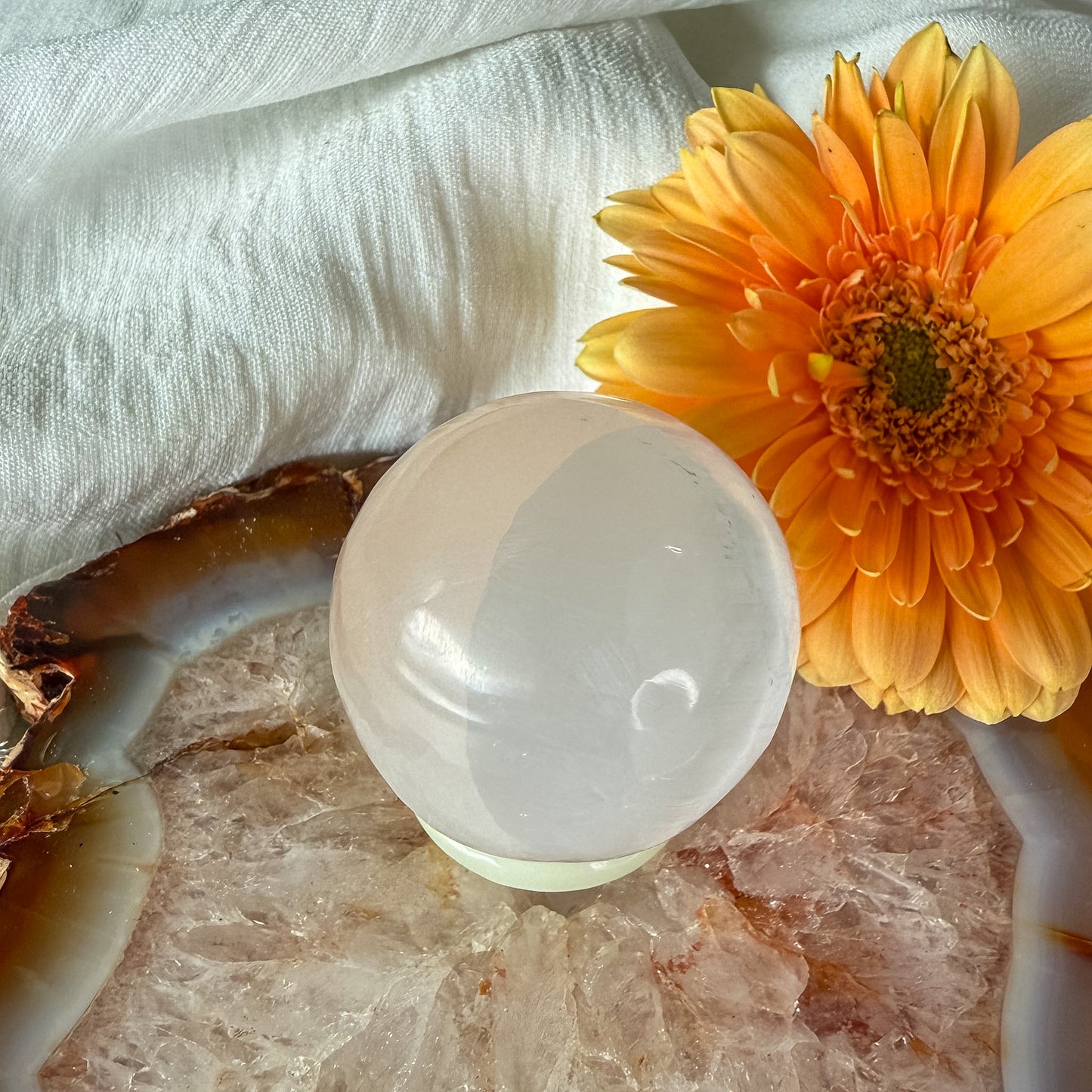 Selenite Sphere #1391-Happily Zen