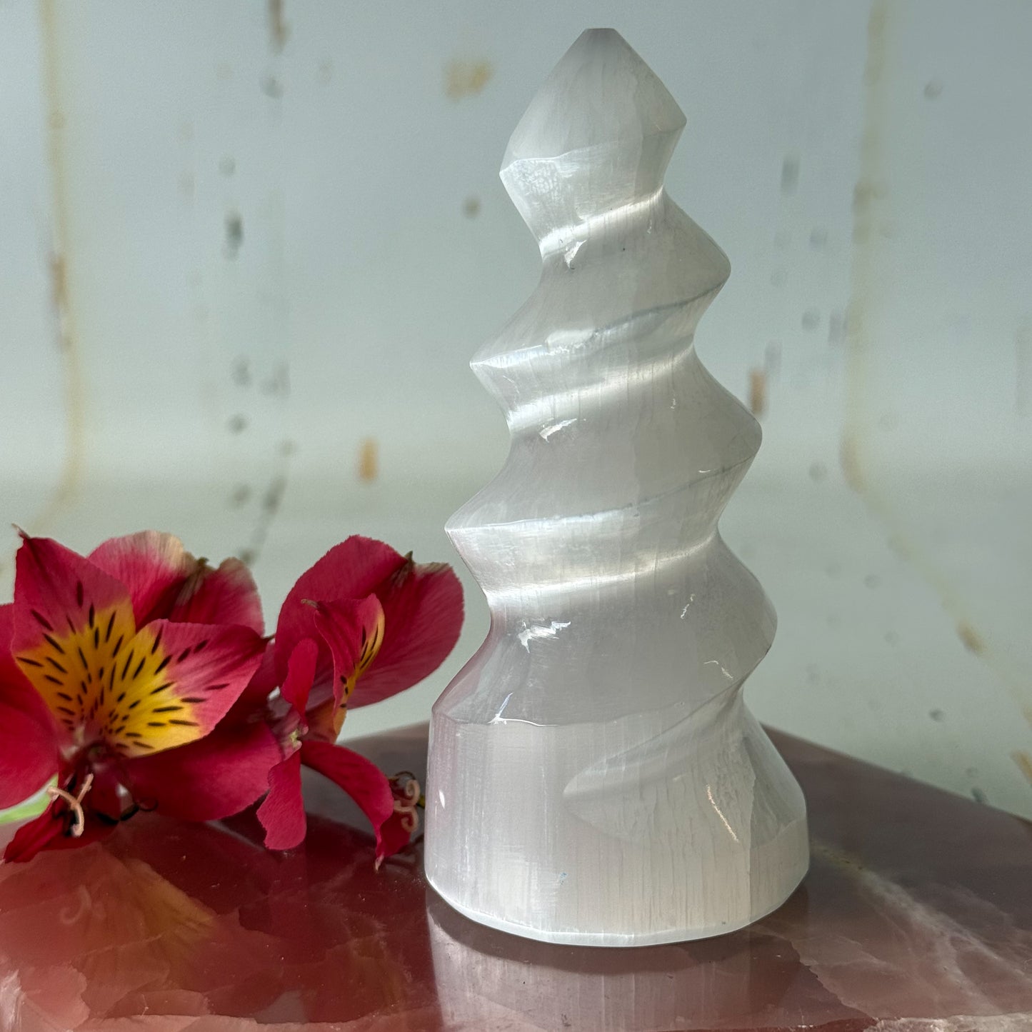 Selenite Spiral Tower #1393-Happily Zen