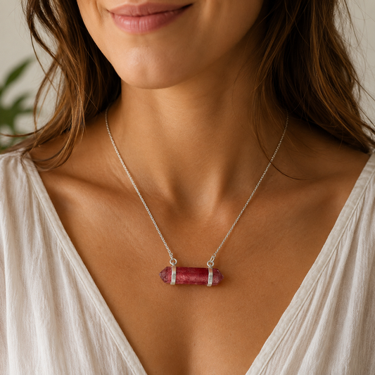 Strawberry Quartz Sterling Silver Necklace #708-Happily Zen