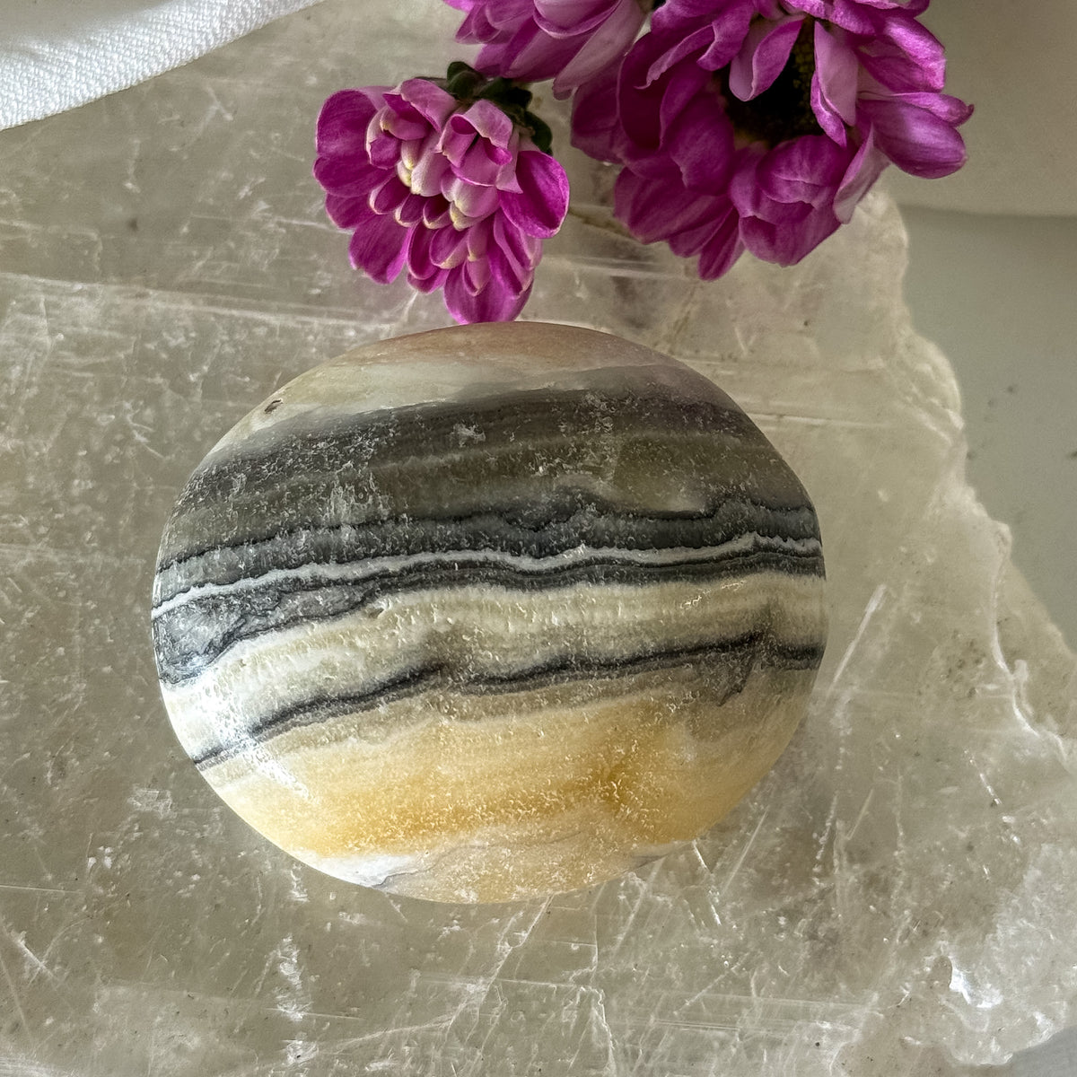 Zebra Calcite Palm Stone #1289-Happily Zen