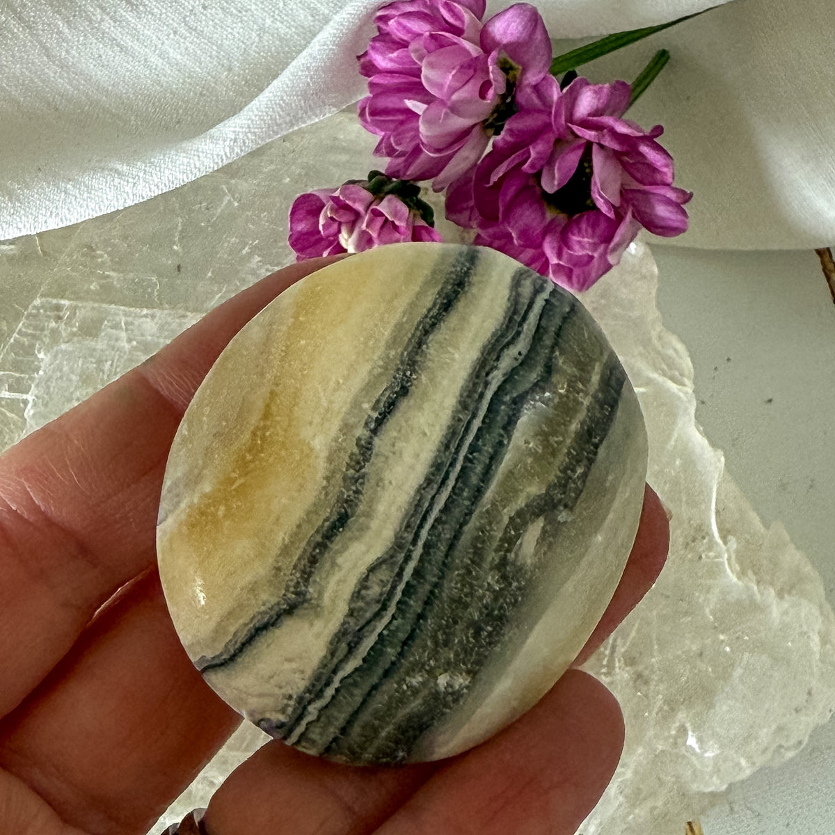 Zebra Calcite Palm Stone #1289-Happily Zen